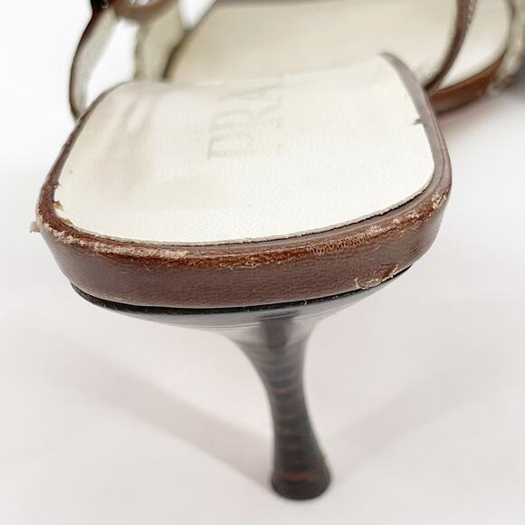 Vintage Prada Brown White Woven Leather Square Toe Slingback Heels IT 36.5 - Picture 10 of 12